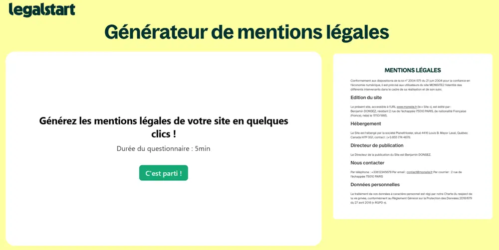 Générateur de mentions légales de Legalstart