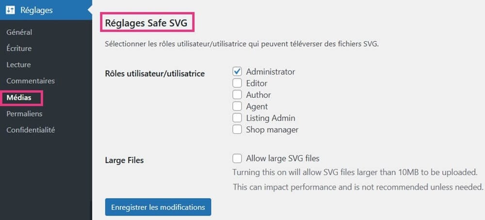 Réglages Safe SVG pour sélectionner les utilisateurs autorisés à téléverser des SVG