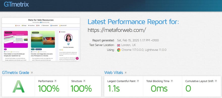 Résultats du test de performances d'un site web avec GTtmetrix Résultats du test de performance d'un site web avec GTtmetrix