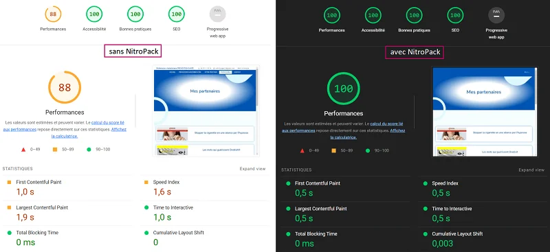 Optimisation NitroPack page partenaires site WordPress score lighthouse