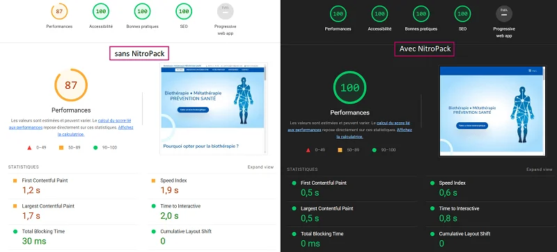 Optimisation NitroPack page accueil site WordPress score lighthouse 30/01/2022