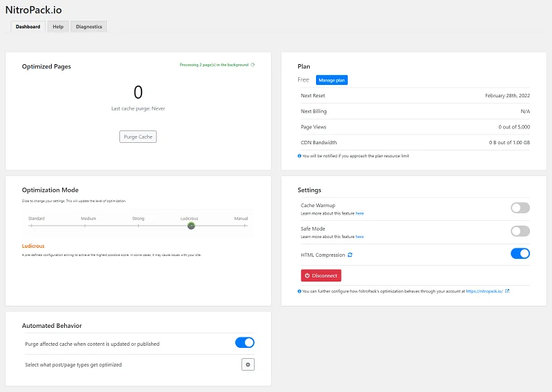 tableau de bord NitroPack dans wordPress