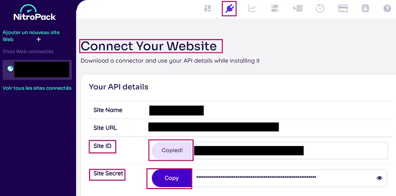 NitroPack retrouver clé API
