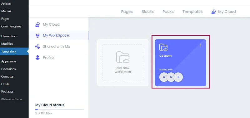 WorkSpace Templately templates Elementor Gutenberg partagés avec équipe WorkSpace Templately templates Elementor Gutenberg partagés avec équipe
