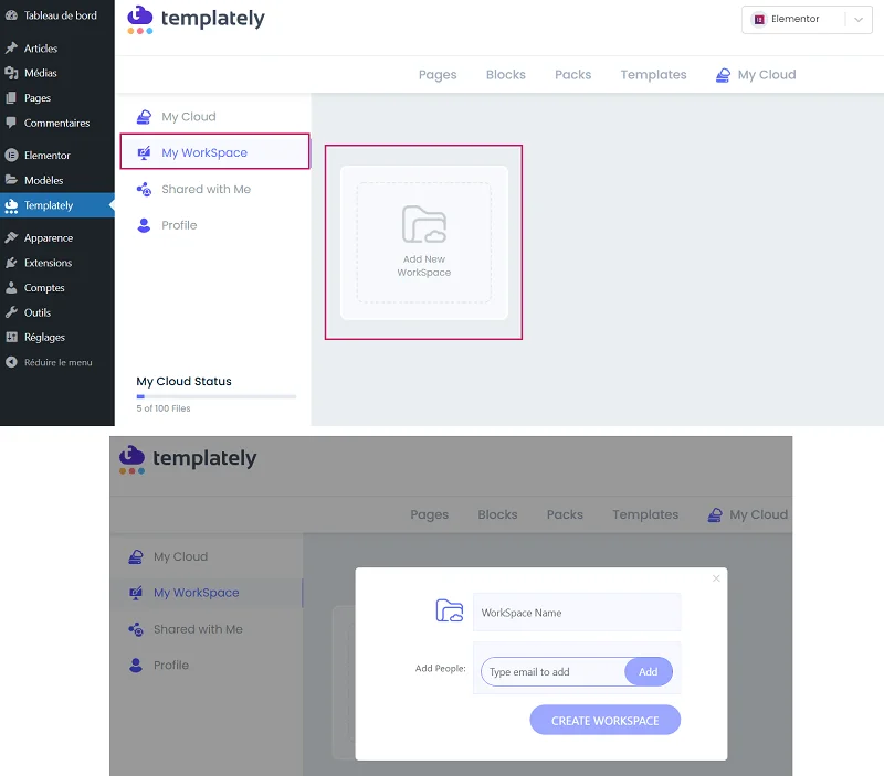 créer workspace templately pour partager les templates Elementor et Gutenberg créer workspace templately pour partager les templates Elementor et Gutenberg