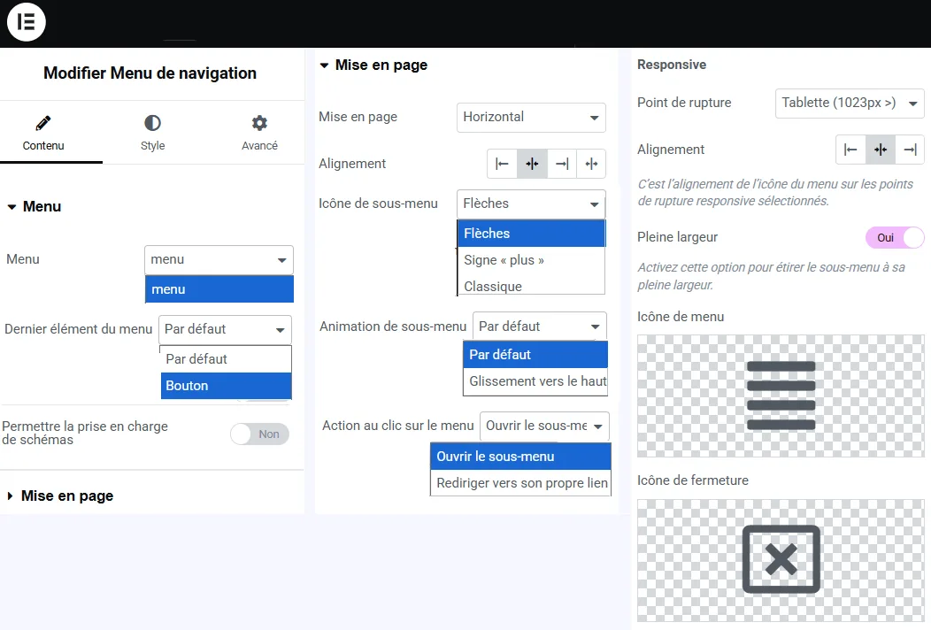paramétrage menu header elementor