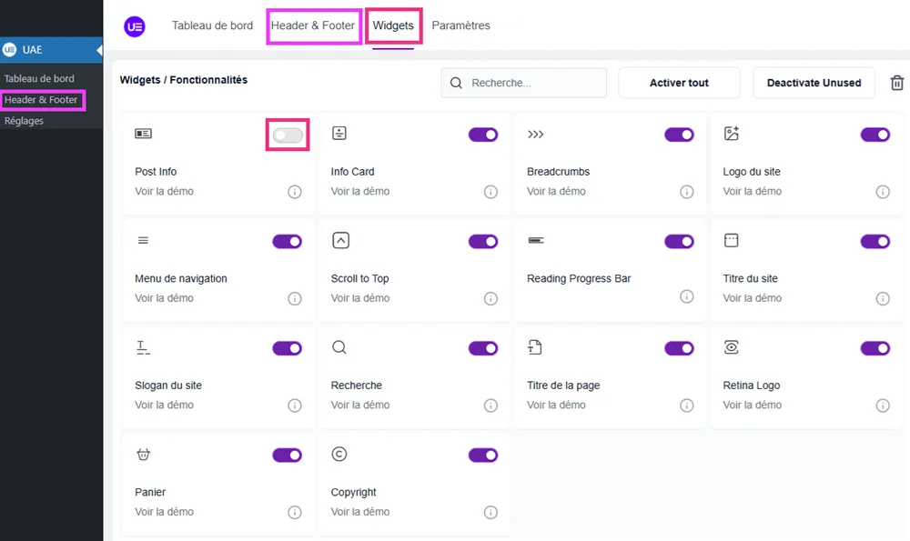 Désactivation des widgets dans le menu UAE