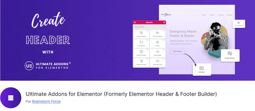 ultimate-addons-for-elementor plugin pour créer un header ou un footer avec elementor version gratuite