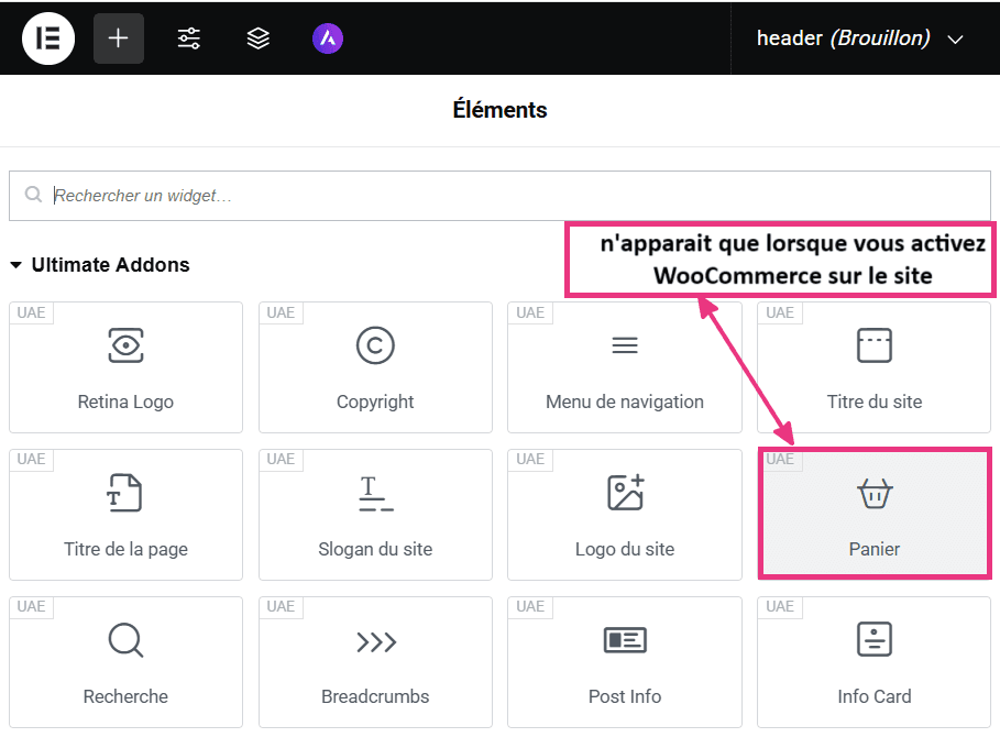 Widgets Ultimate Addons for Elementor permettant de créer un header ou un footer Widgets Ultimate Addons for Elementor permettant de créer un header ou un footer