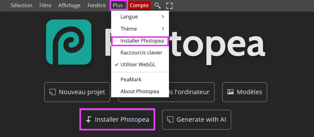 Installer Photopea en tant qu'application de bureau via l'accueil