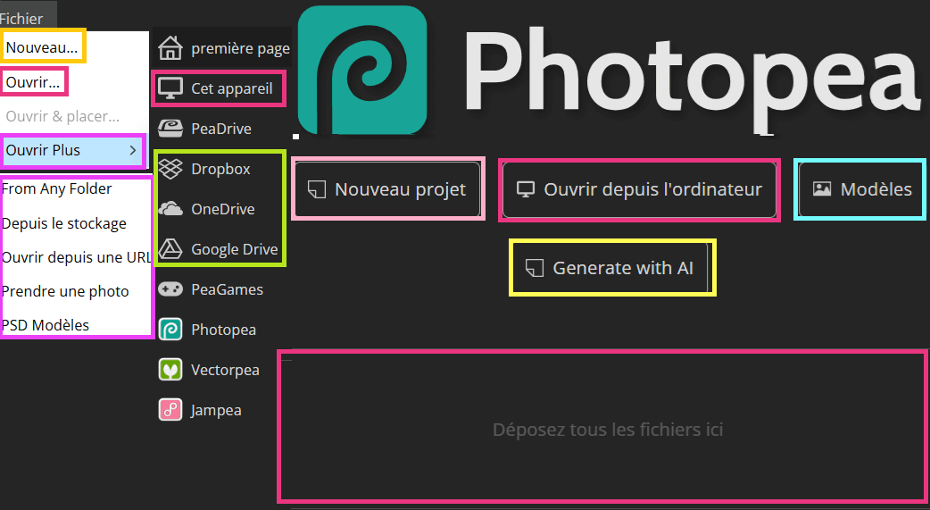 Commencer à travailler avec Photopea : ouvrir une image, créer un projet, modèles, générer avec l'IA