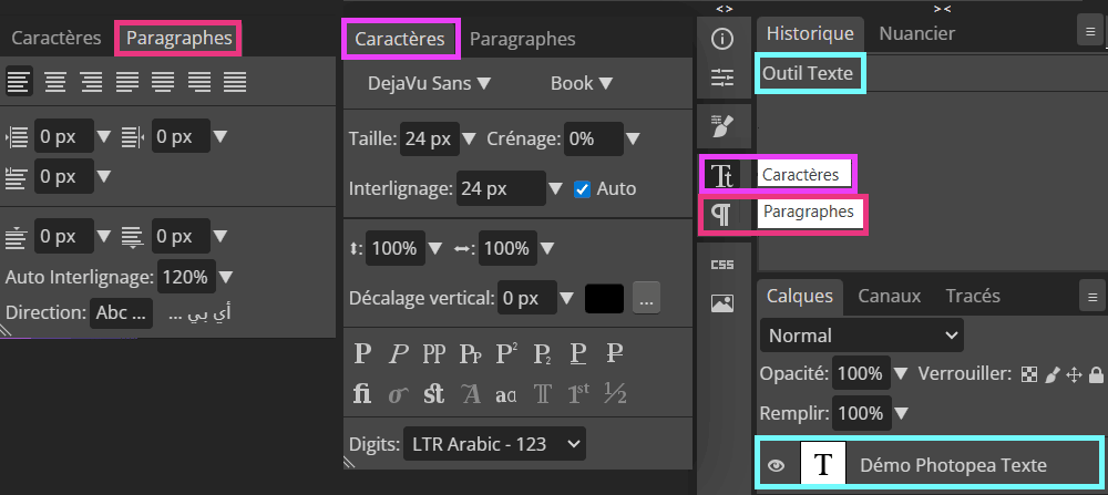 Paramètres paragraphes et caractères du texte dans Photopea