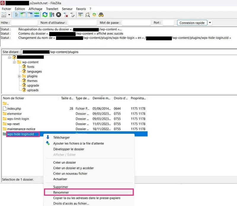 Désactiver WPS Hide Login en FTP avec FileZilla Désactiver WPS Hide Login en FTP avec FileZilla