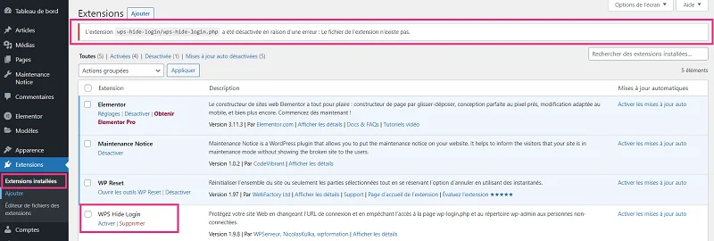 Extension WPS Hide Login désactivée Extension WPS Hide Login désactivée