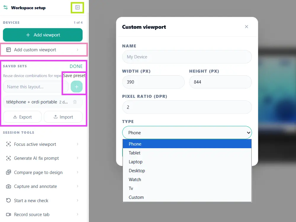 outils de la barre latérale de Mobile View et Responsive Tester (custom viewport et affichage personnalisé)