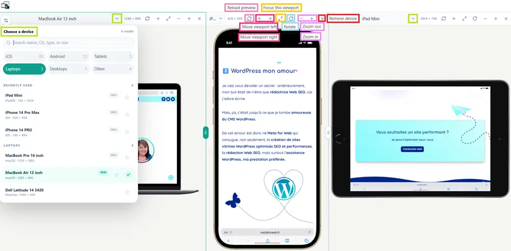 Commandes des appareils dans l'extension Mobile View & Responsive Tester
