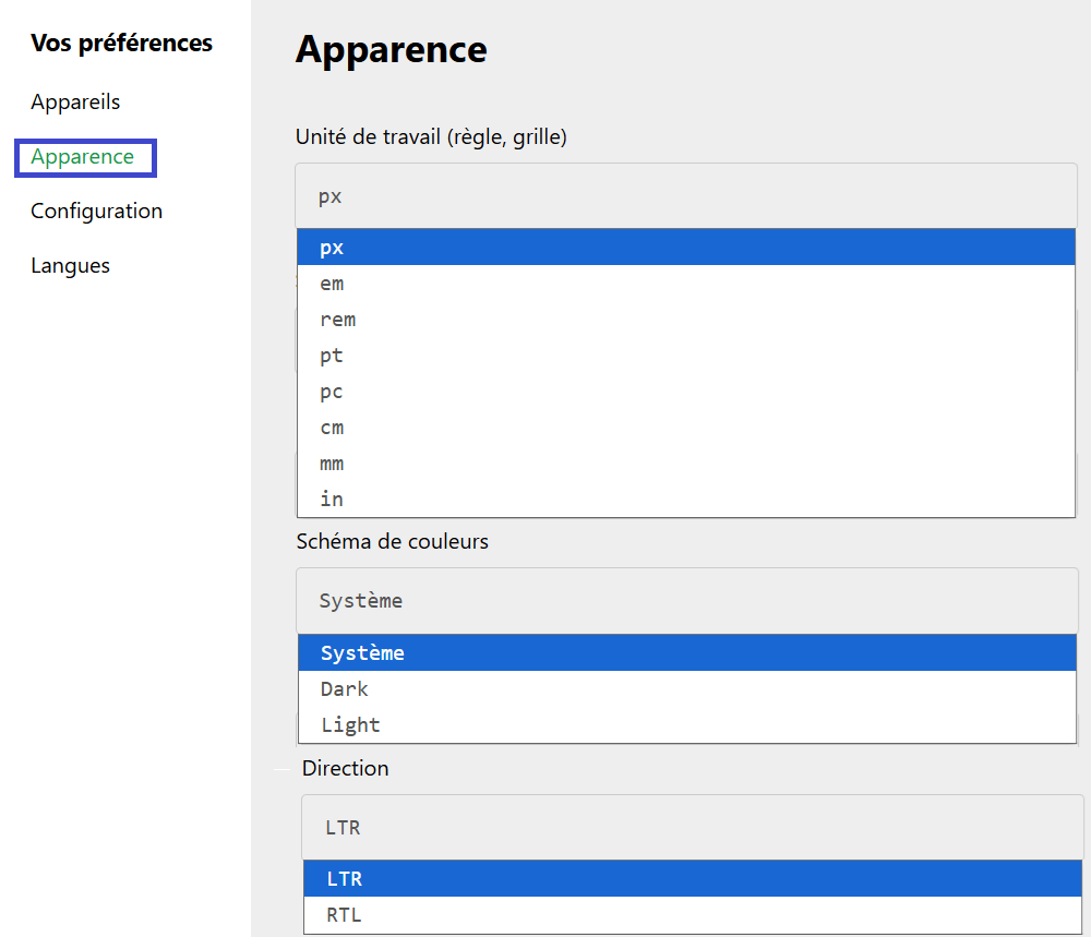 Modifier les préférences d'apparence de Viewport Resizer