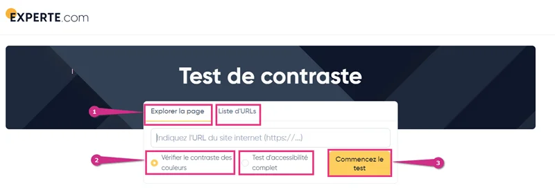 Test de contraste d'Experte.com pour vérifier l'accessibilité d'un site entier.