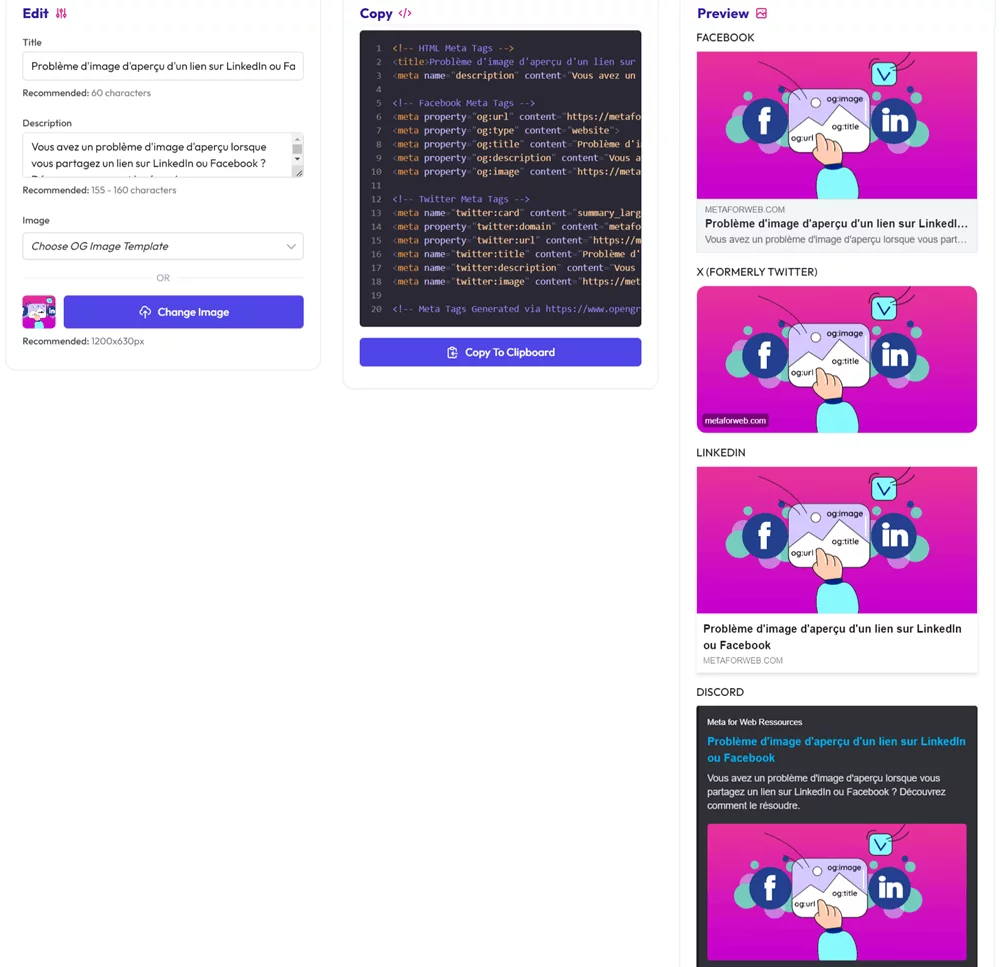 OpenGraph.xyz aperçu du lien sur les réseaux sociaux et balises Open Graph