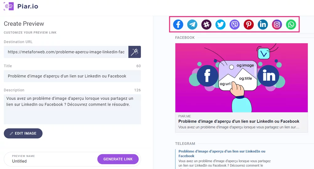 Piar.io aperçu du lien avant partage sur les réseaux sociaux