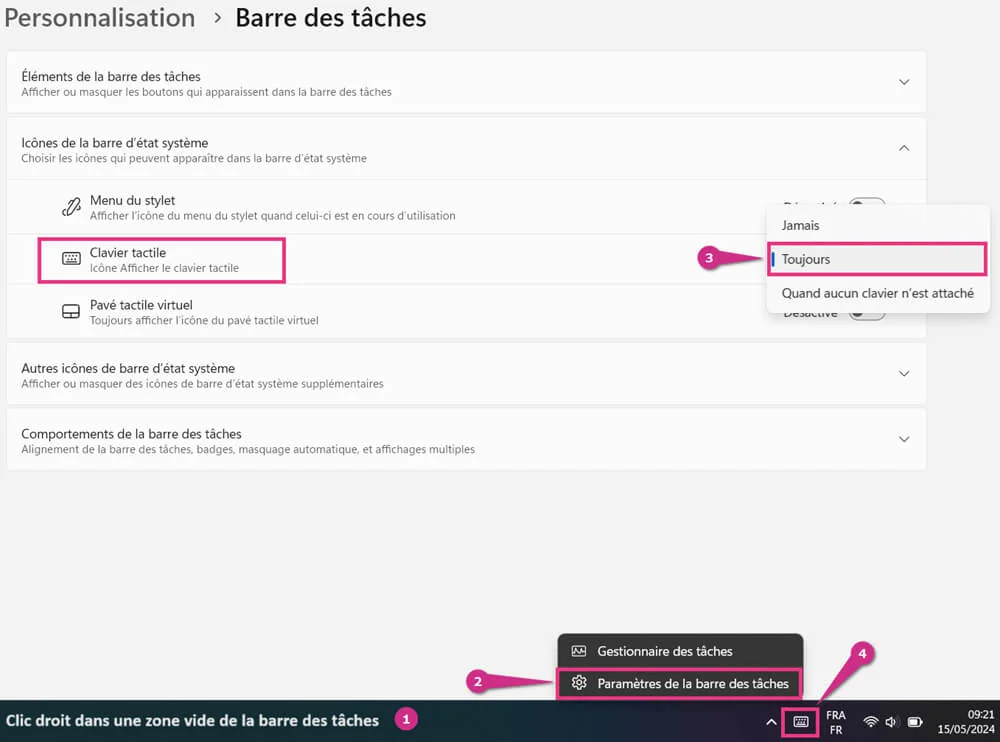 Activer le clavier tactile dans Windows 