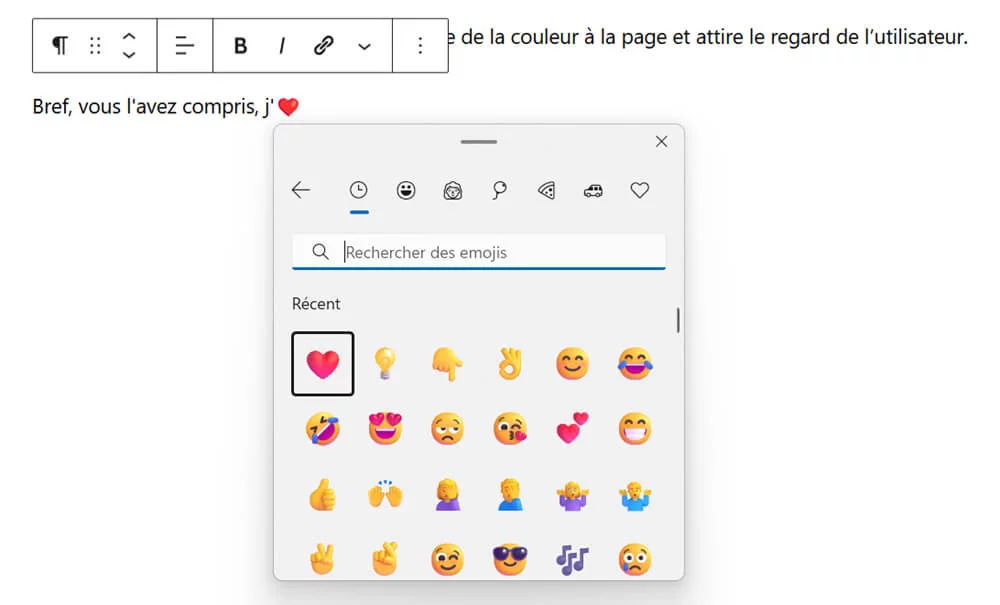 Insérer un émoji dans WordPress via le clavier émoji Windows