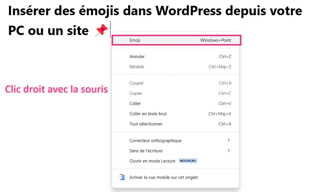 Faire apparaitre le clavier d'émojis avec la souris sous Windows