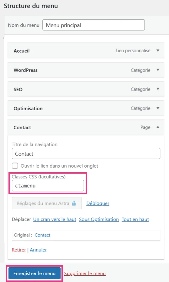 Ajouter une classe à un élément de menu WordPress