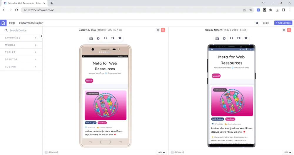 Affichage test responsive local dans l'app de bureau LT Browser 2.0