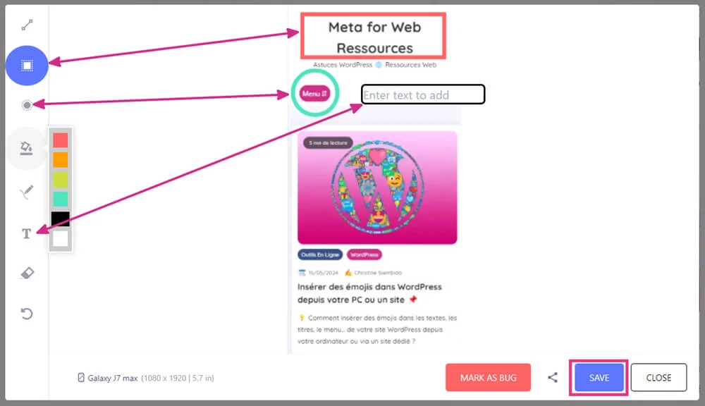 Annoter les problèmes de responsive ou autres sur la copie d'écran avant téléchargement