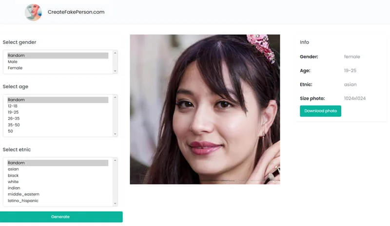 Create Fake Person générateur de photos de personas par l'IA
