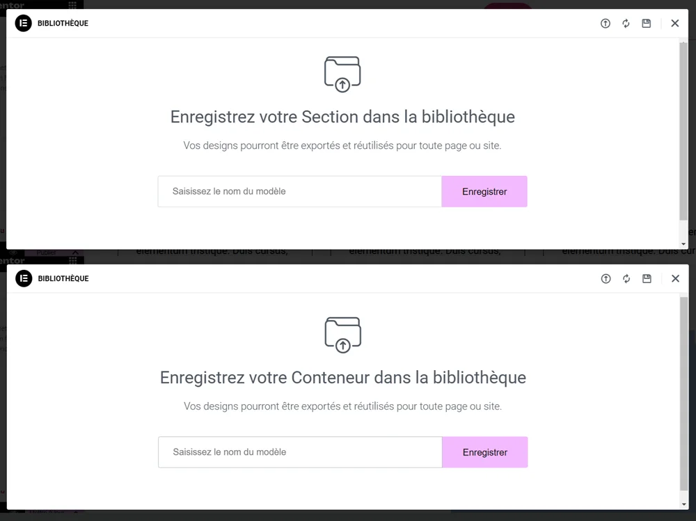 Enregistrer la section ou le conteneur dans la bibliothèque des modèles Elementor
