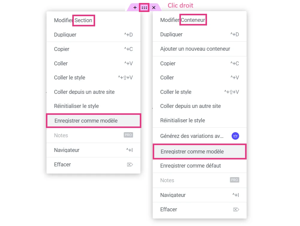 Enregistrer une section ou un conteneur comme modèle