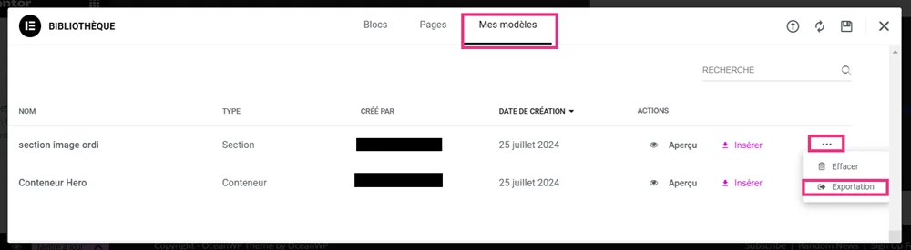 Exporter un modèle de conteneur Elementor en mode édition