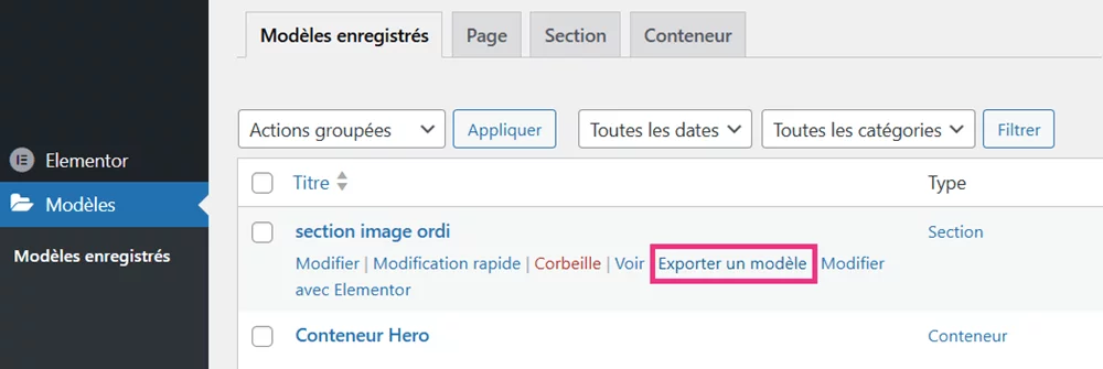 Exporter un modèle Elementor via le tableau de bord