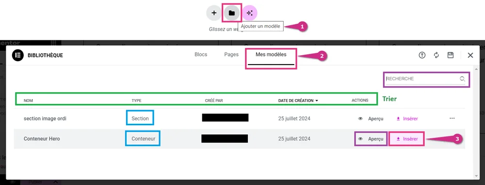 Insérer un modèle de section ou de conteneur Elementor dans une page