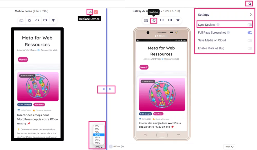 Synchronisation de la navigation, mode portrait et paysage et taille de la fenêtre de l'appareil dans LT Browser