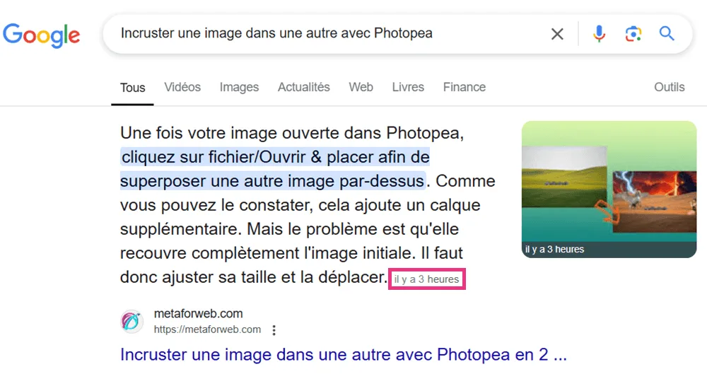 Article publié 3 heures avant qui apparait dans la recherche Google après demande d'indexation