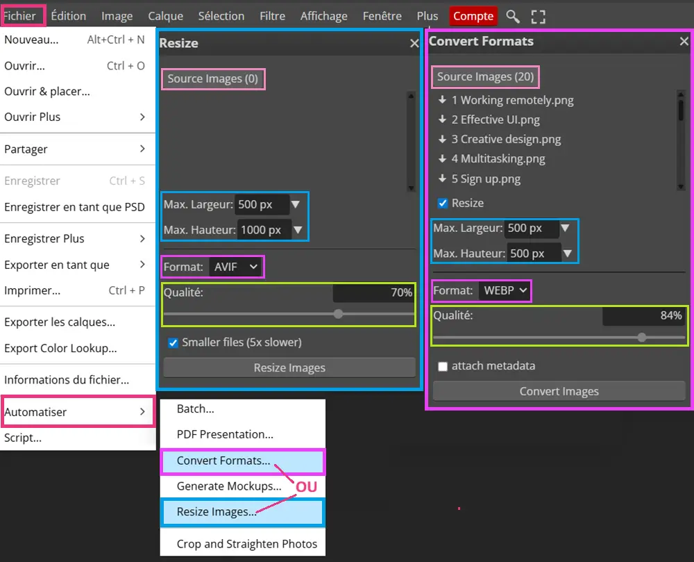 Convertir, redimensionner et compresser des images par lot avec Photopea