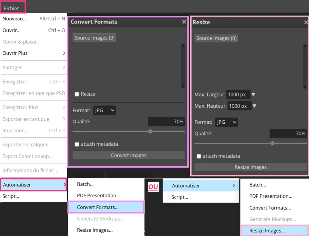 Ouvrir les outils Convert Formats ou Resize Images de Photopea